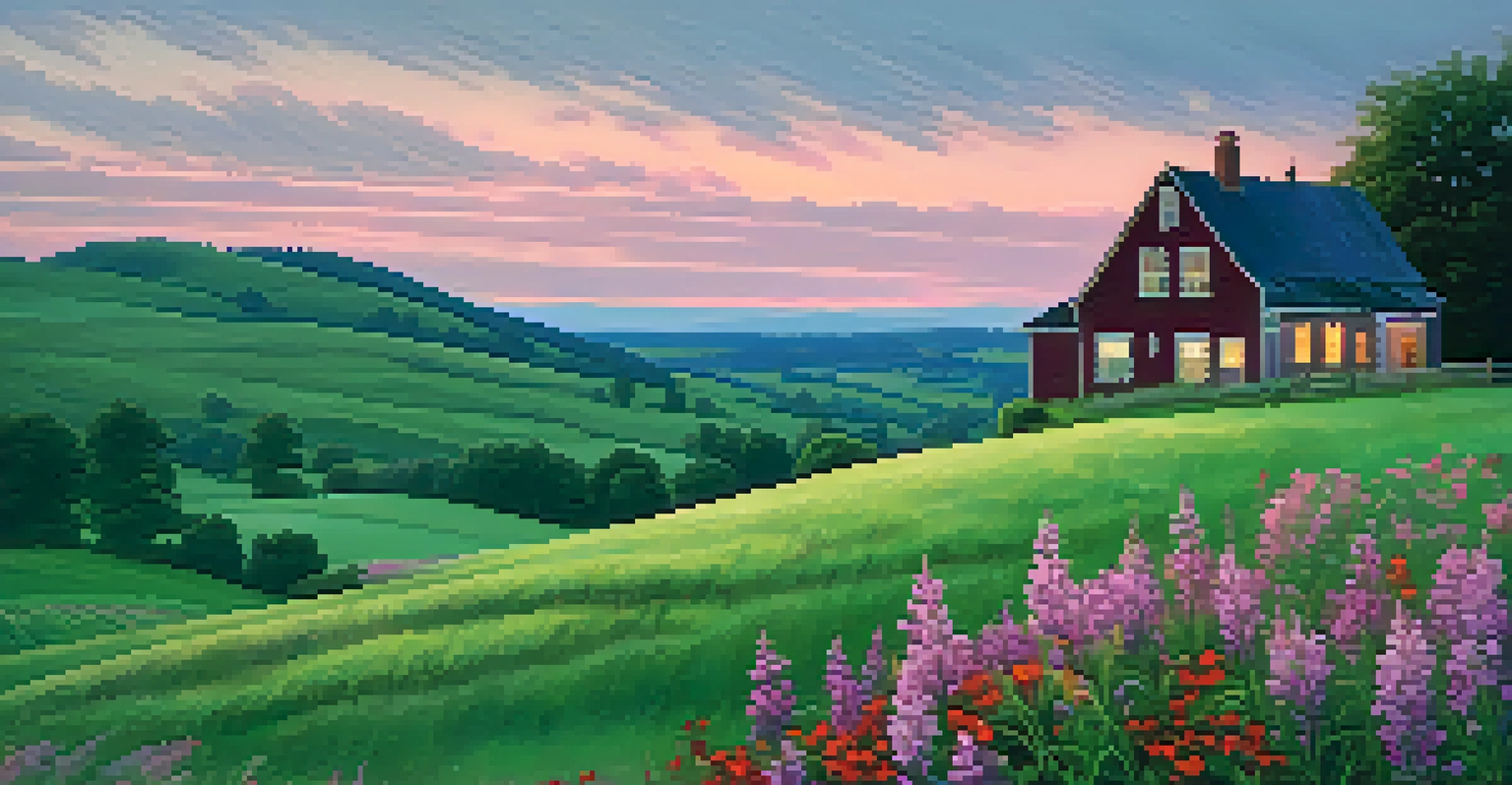 A beautiful landscape with rolling hills and a farmhouse under a twilight sky filled with pink and purple hues, surrounded by wildflowers.