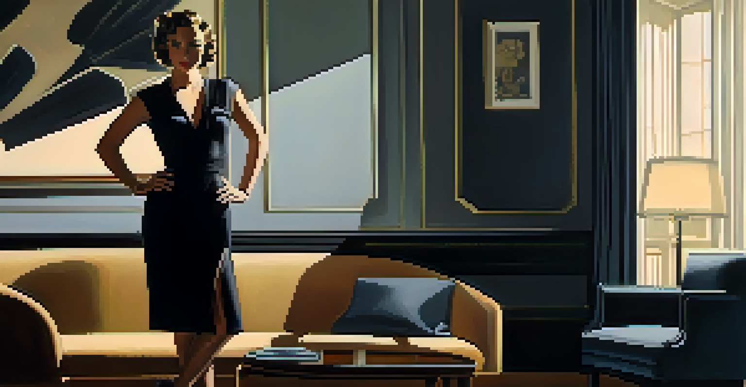 A confident woman in a black dress with a cigarette, set in a classic 1940s living room.