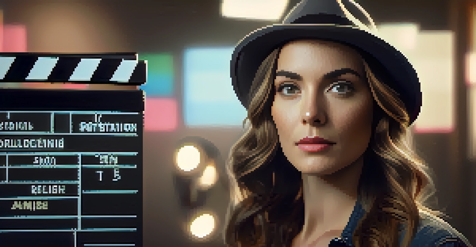 A focused female director on a film set, holding a clapperboard with camera equipment in the background.