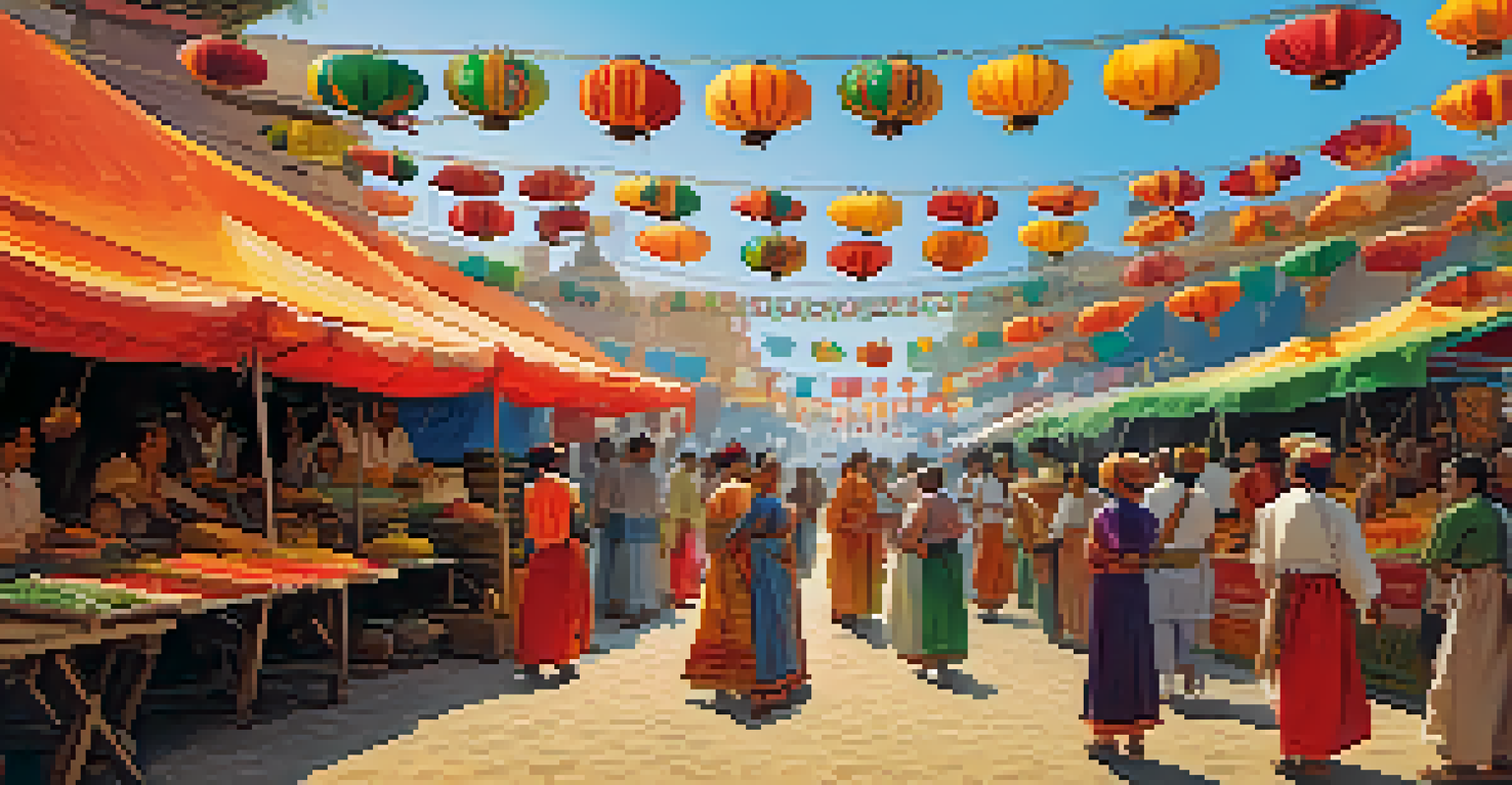 A lively cultural festival featuring people in traditional clothing, colorful decorations, and food stalls, with musicians and children enjoying the atmosphere.