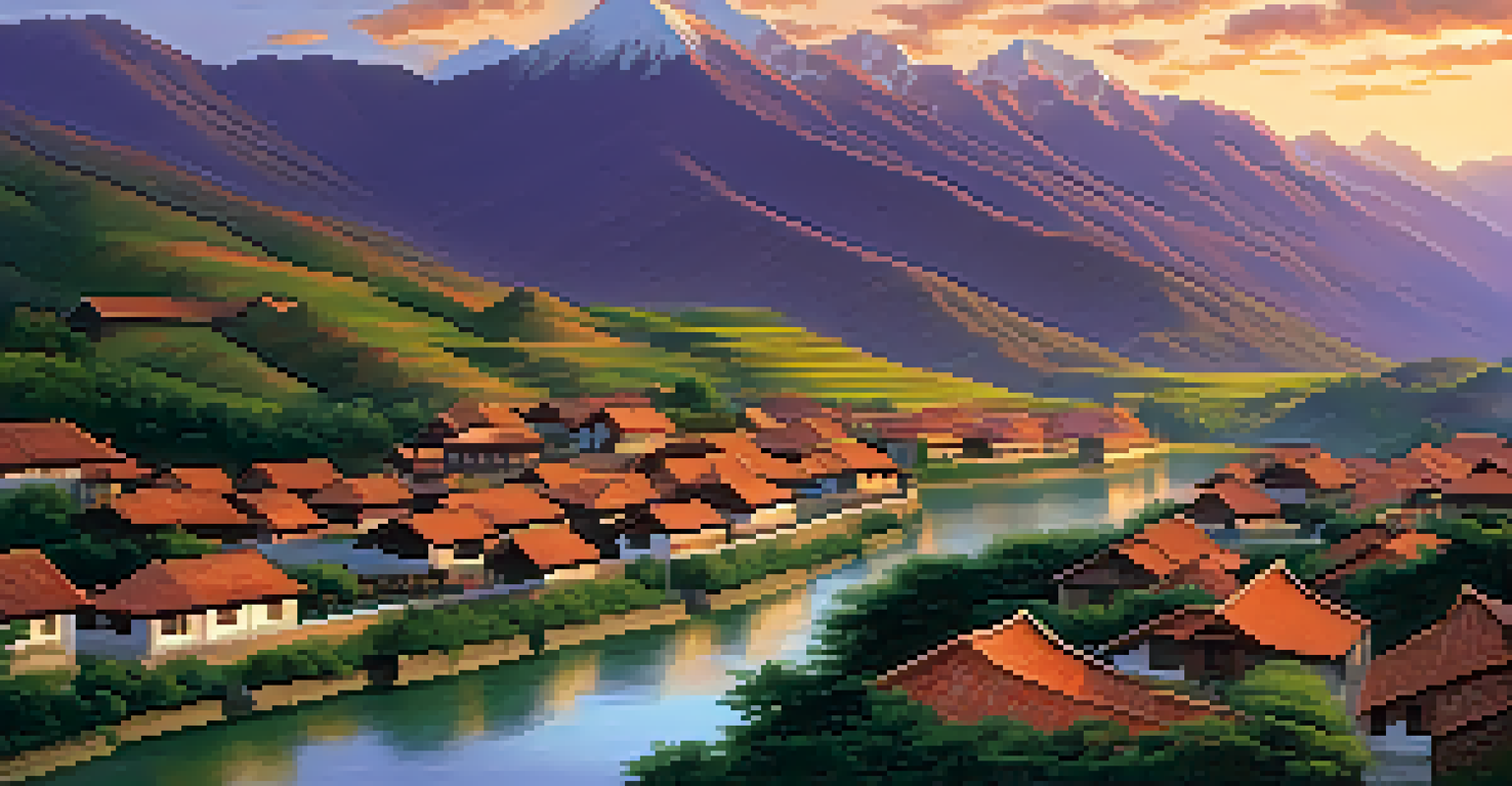 A picturesque view of the Andes mountains at sunset with a small village and a tranquil river.
