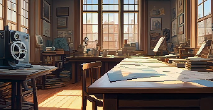 A cozy animation studio featuring hand-drawn sketches and a vintage projector, illuminated by soft warm light.