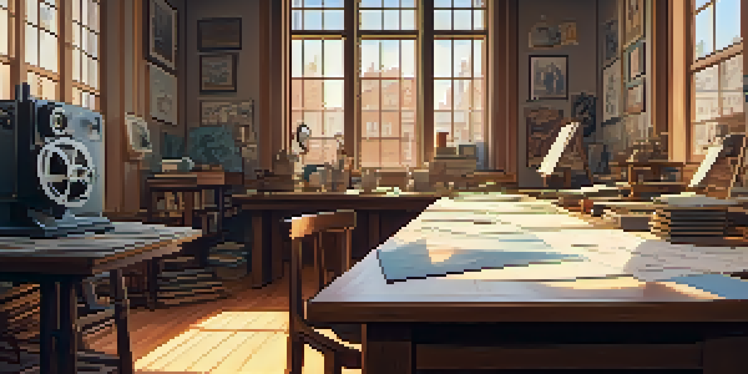 A cozy animation studio featuring hand-drawn sketches and a vintage projector, illuminated by soft warm light.