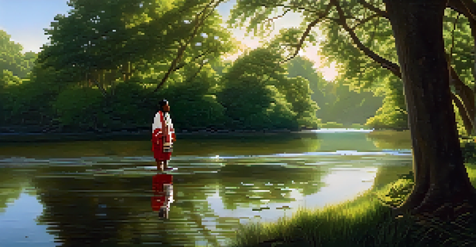 An Indigenous person in traditional attire standing by a river, surrounded by nature and sunlight filtering through the trees.