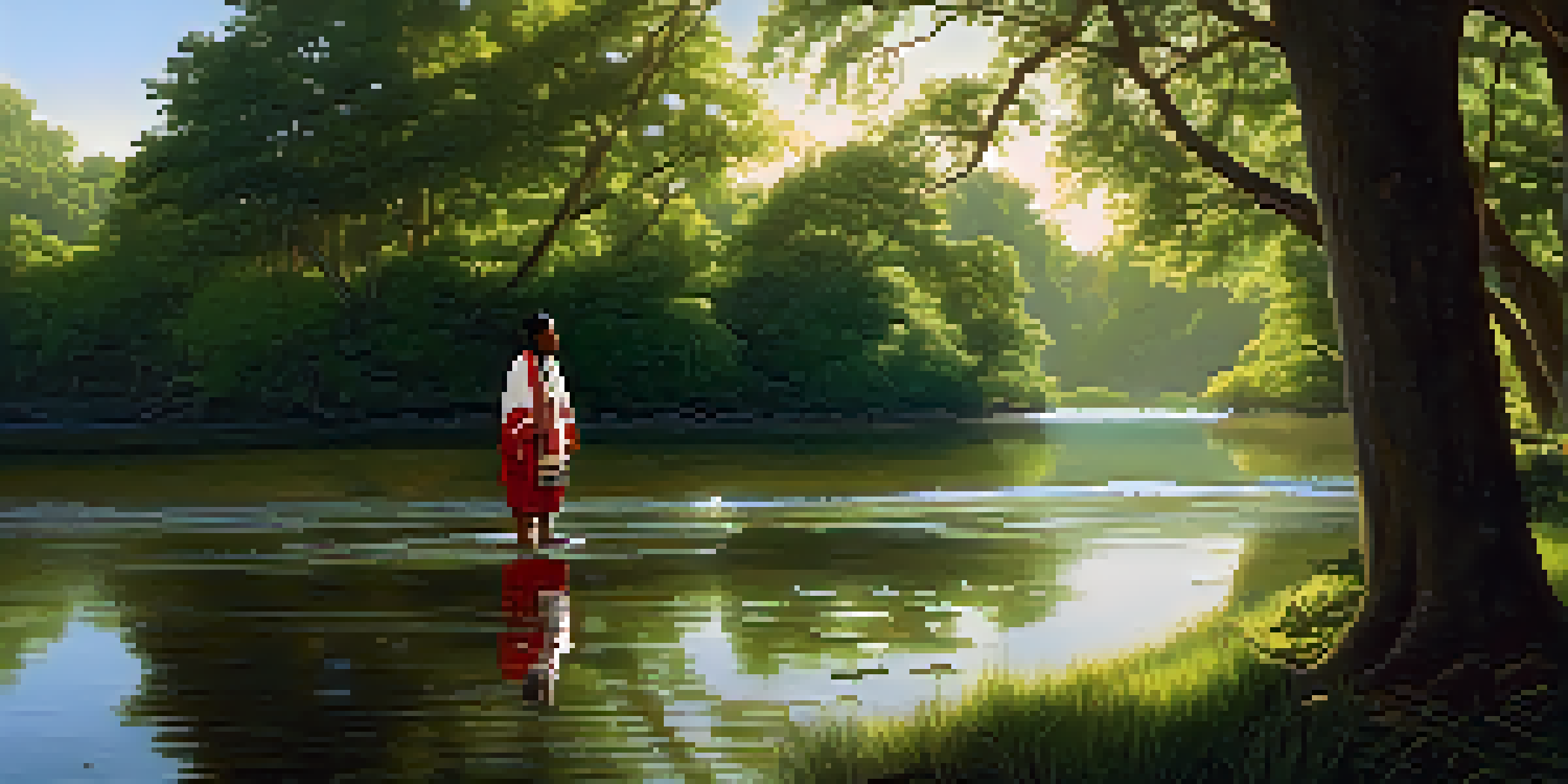 An Indigenous person in traditional attire standing by a river, surrounded by nature and sunlight filtering through the trees.