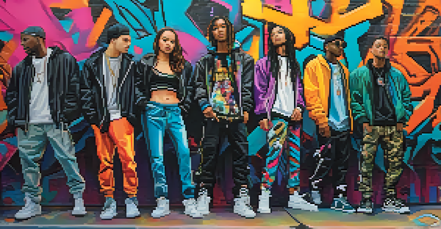 A group of young adults in trendy streetwear pose in front of a colorful graffiti wall in a lively urban setting.