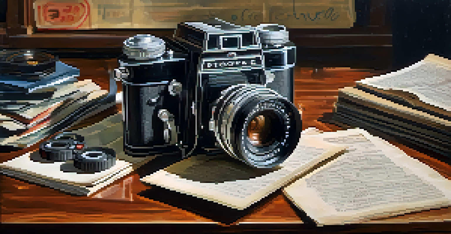 A vintage film camera on a wooden table with film reels and script pages, illuminated by dramatic lighting.