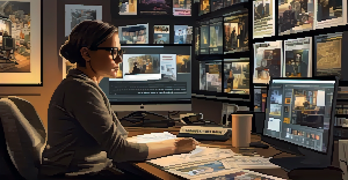 A focused middle-aged woman editing film footage in a dimly lit room filled with monitors and film posters.
