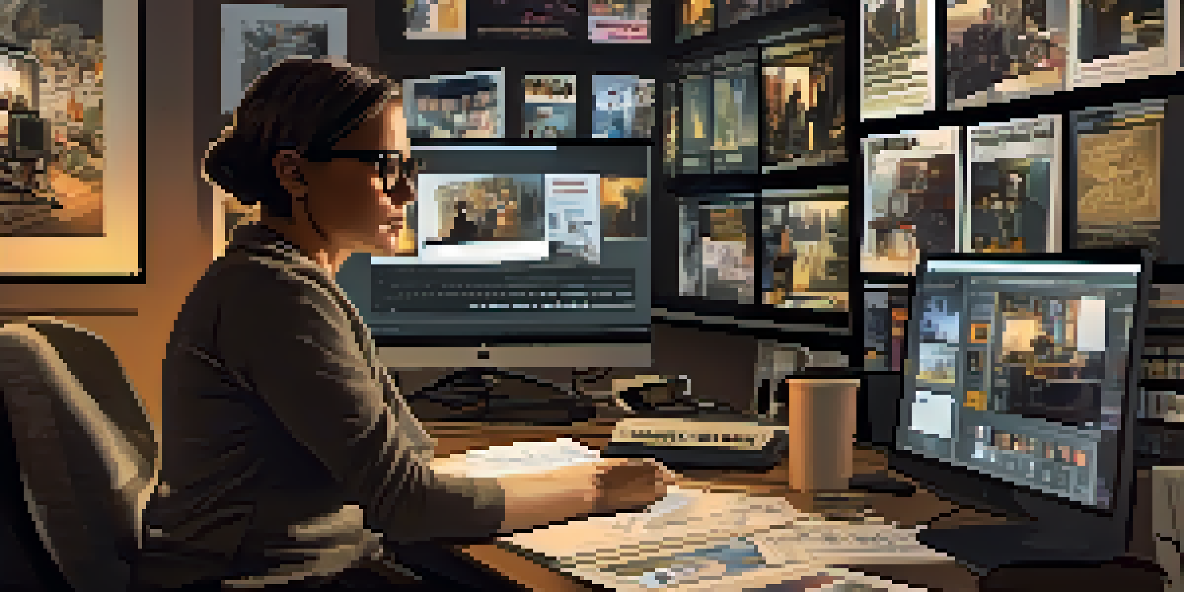 A focused middle-aged woman editing film footage in a dimly lit room filled with monitors and film posters.