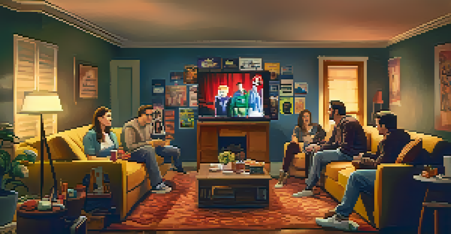 A group of friends in a cozy living room, watching a cult classic film on TV.