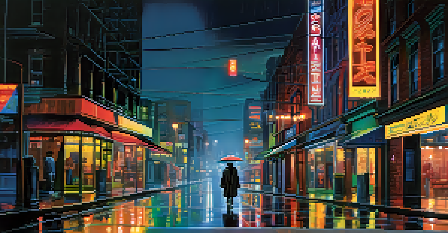 A city street at night illuminated by neon lights with a lone figure in a raincoat walking on the wet pavement.