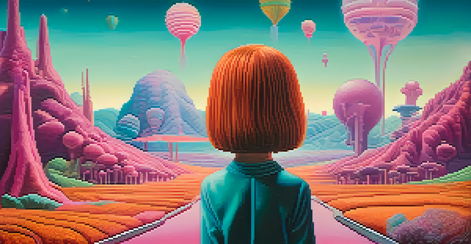 A surreal scene featuring a quirky character in a dreamlike landscape with vibrant colors and unusual shapes.