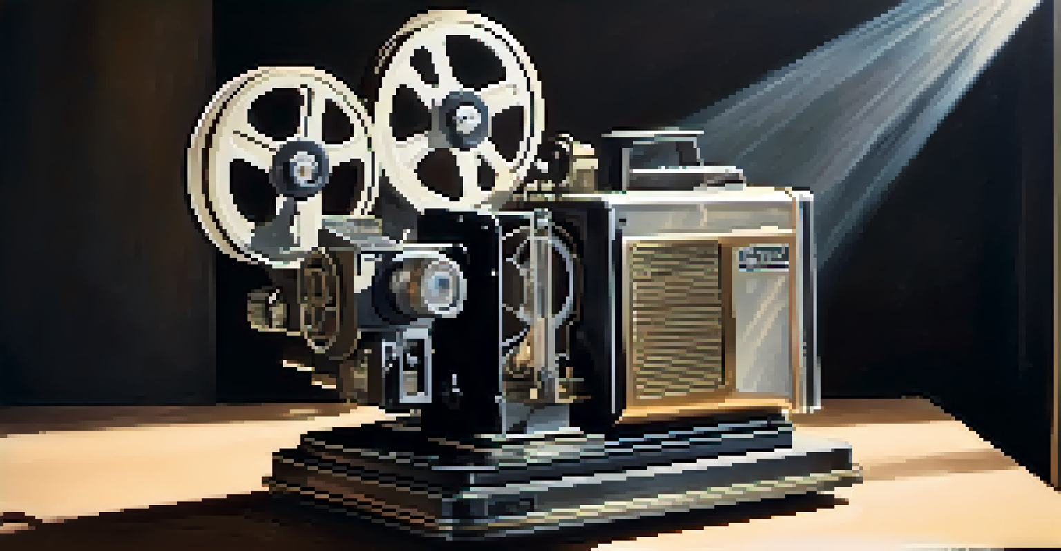A close-up of an old film projector in a dim room, casting light on a blank wall with vintage film reels around.