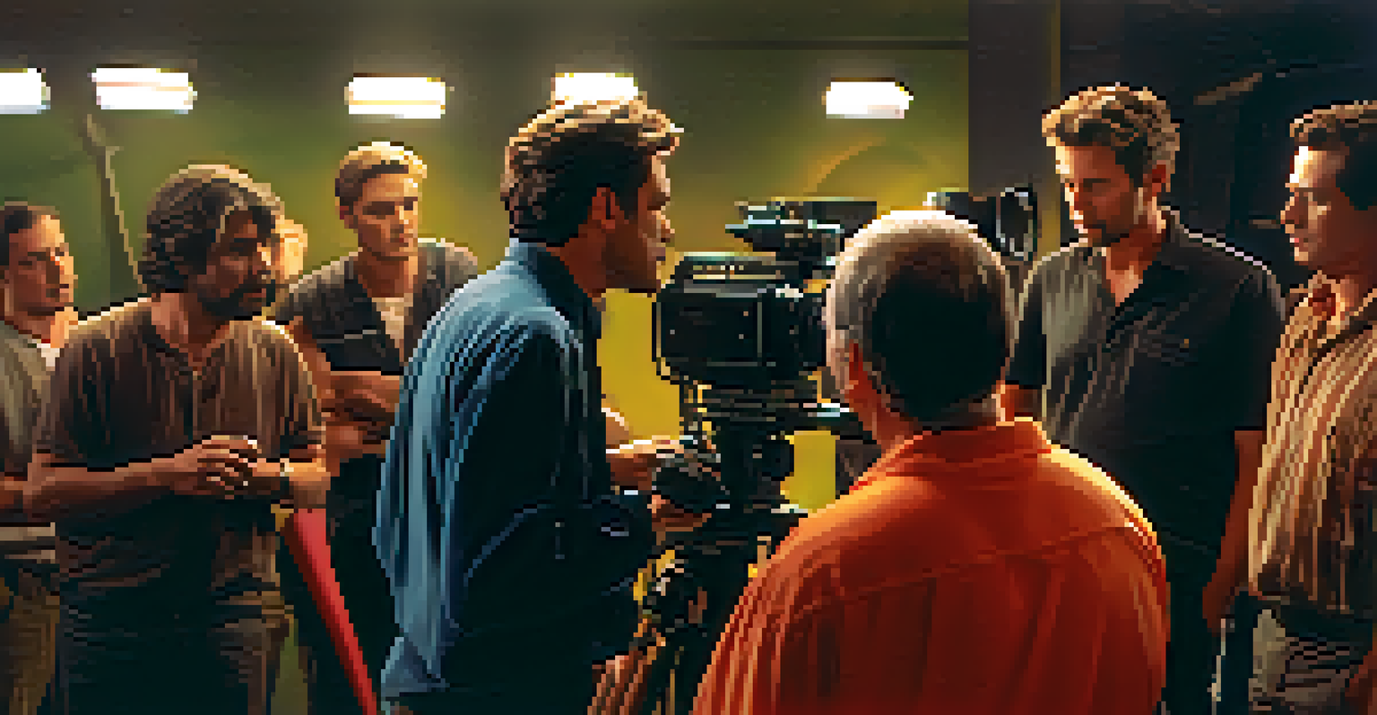 A director communicating closely with an actor on set, showcasing intense expressions and vibrant colors in the background.