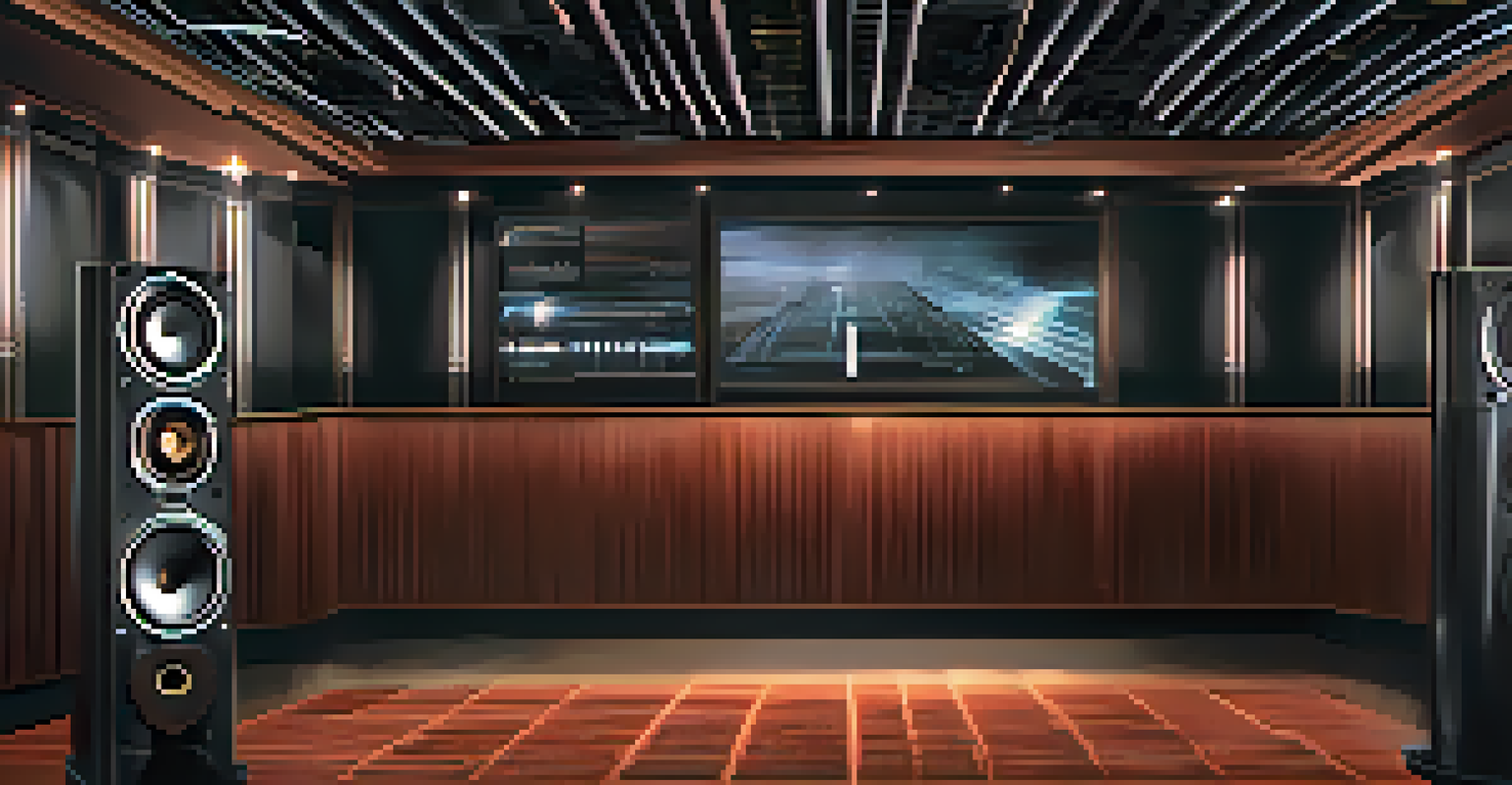 Close-up view of a sophisticated sound system in a modern movie theater, featuring digital controls and sleek speakers, illuminated by soft lighting.