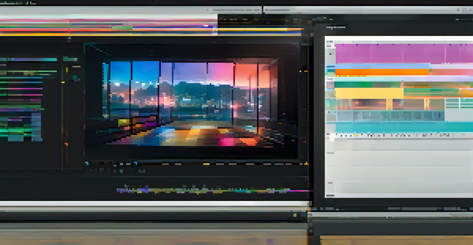 A close-up view of a colorful film editing timeline on a computer screen with clips and transitions.