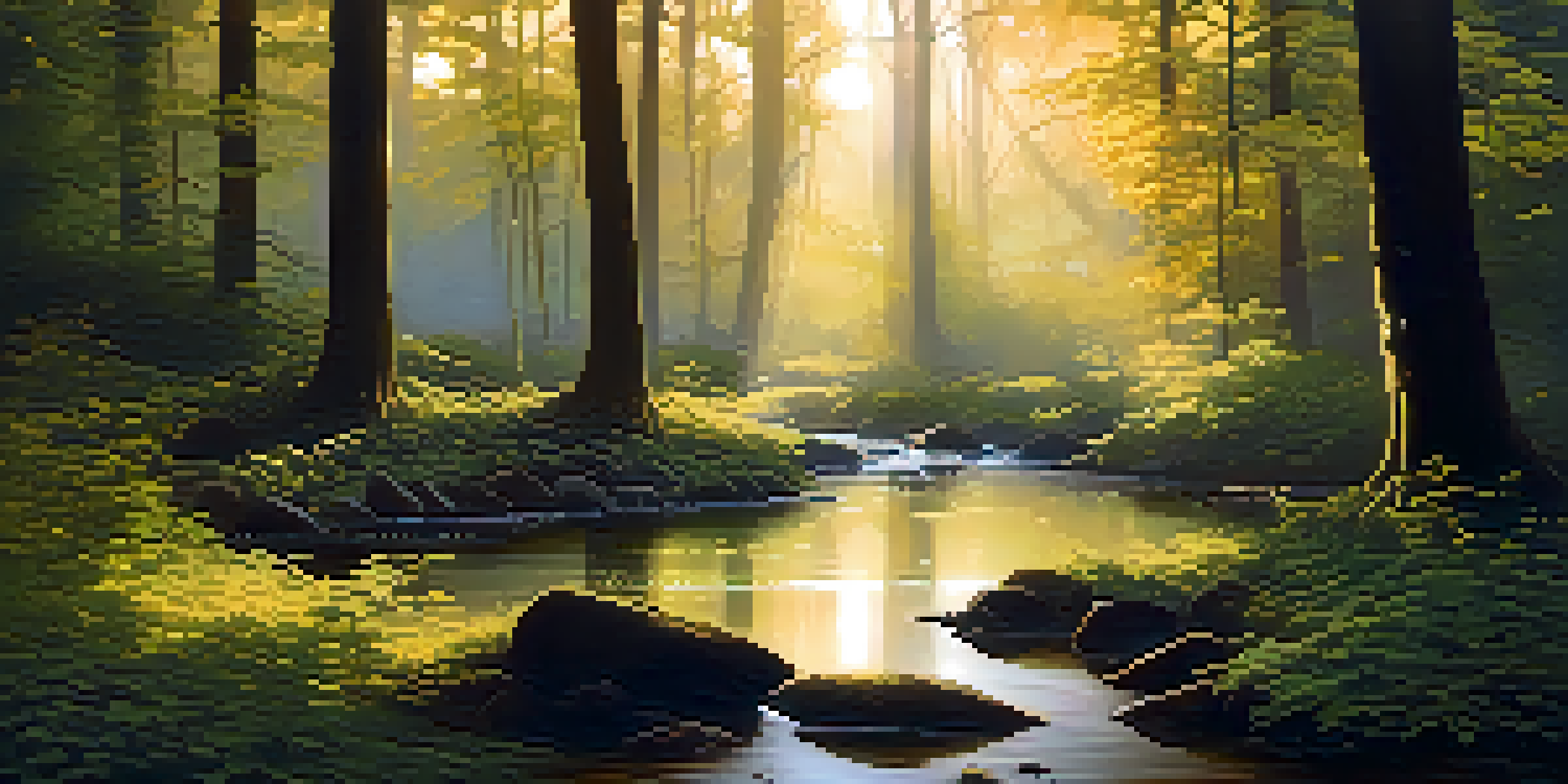 A peaceful forest at dawn with sunlight filtering through leaves and a gentle stream flowing.