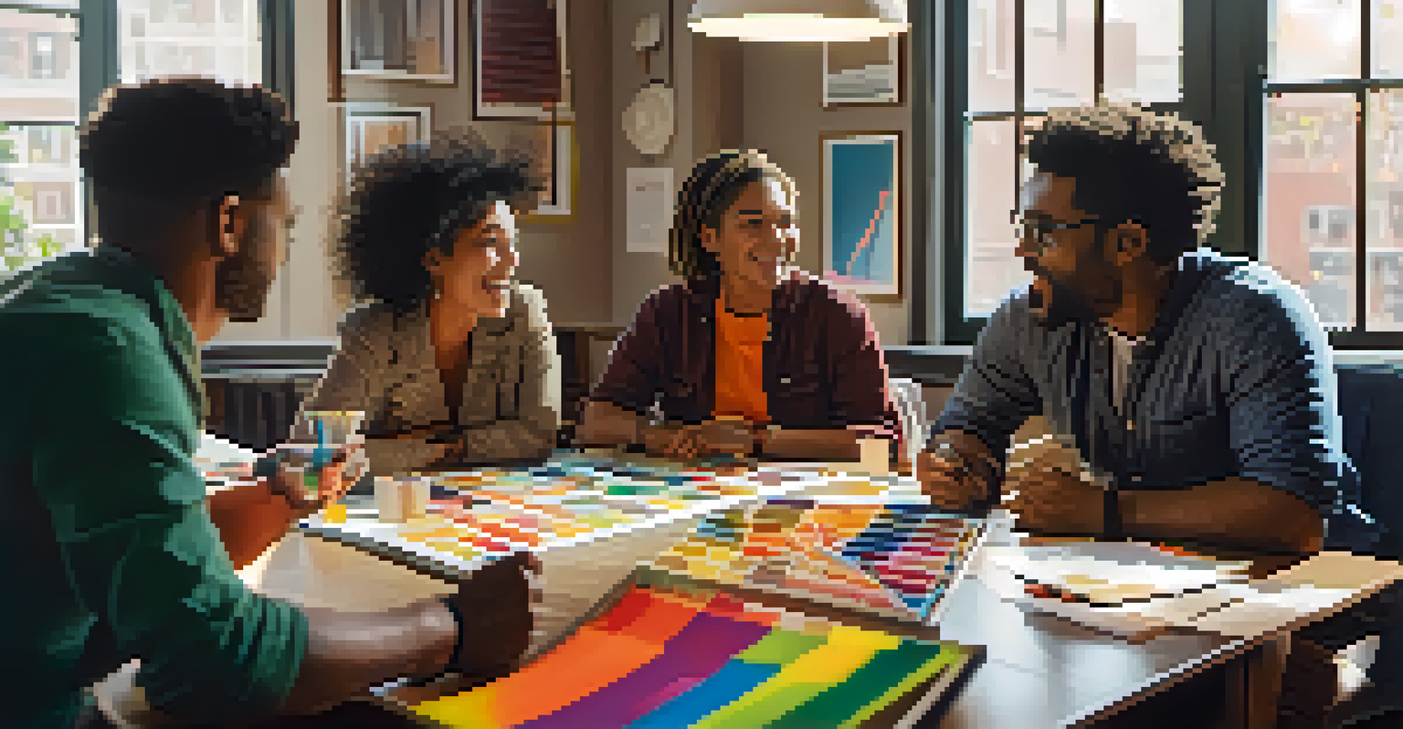A diverse group of filmmakers discussing a budget plan around a table with colorful charts and natural light.