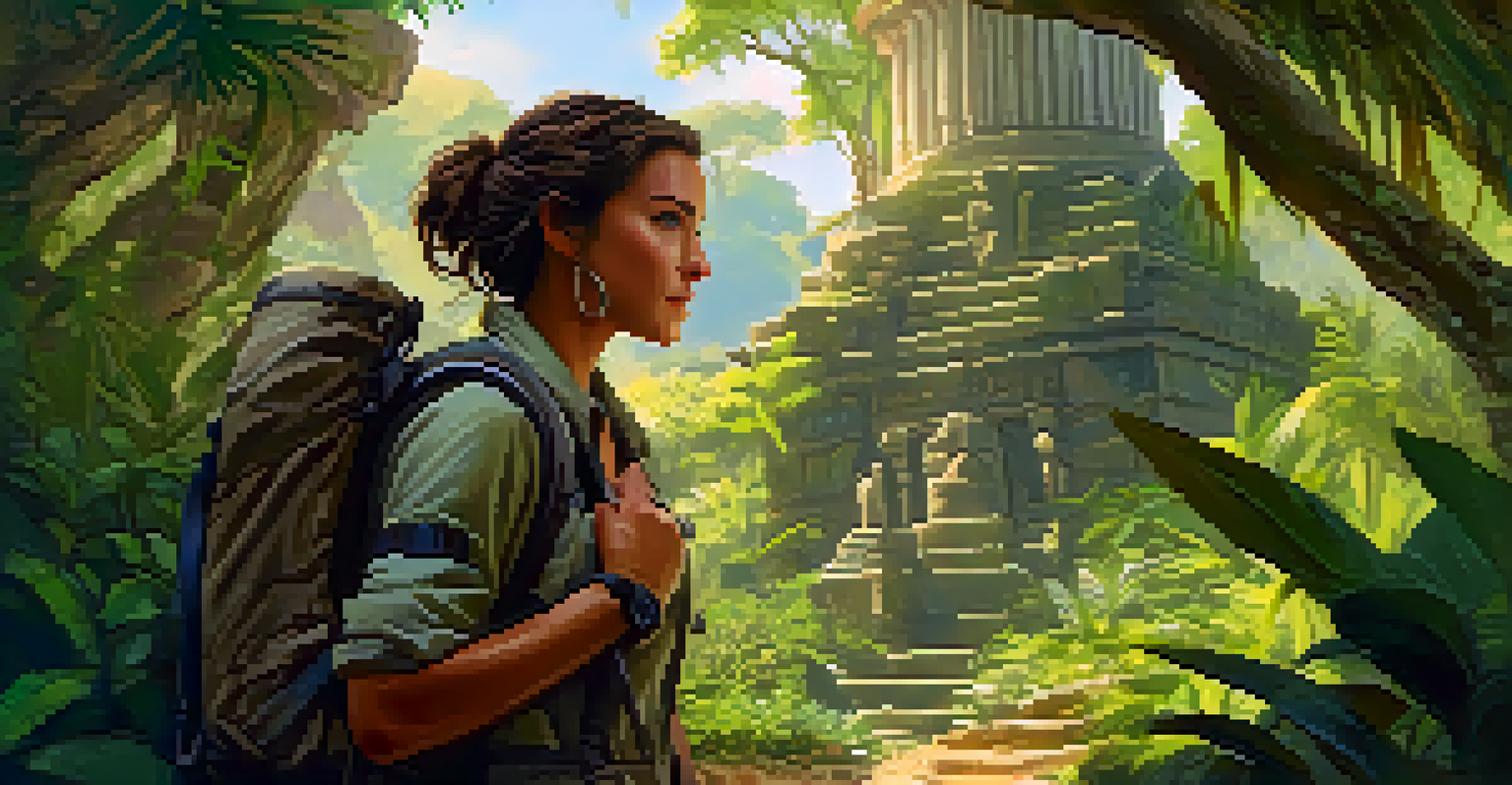 A modern adventurer examining an artifact in an ancient ruin surrounded by lush jungle.