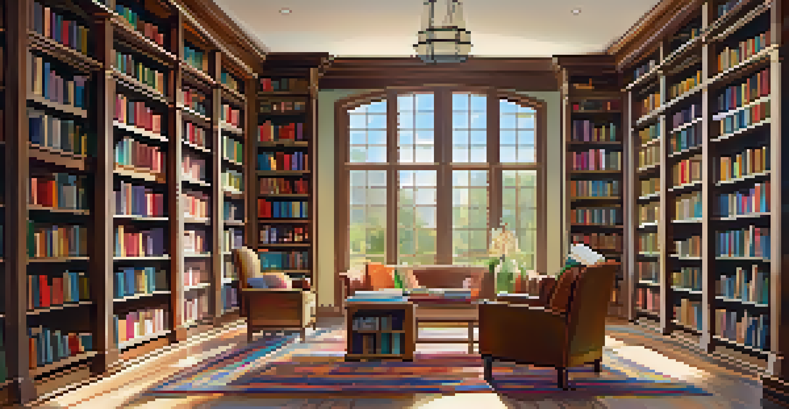 A cozy library with tall bookshelves, colorful books, and warm wooden furniture illuminated by soft natural light.