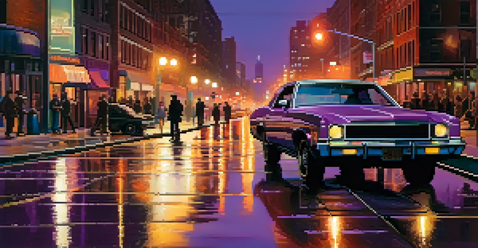A small-time mobster under a streetlamp in 1970s New York City at dusk, with neon lights and a purple sky.