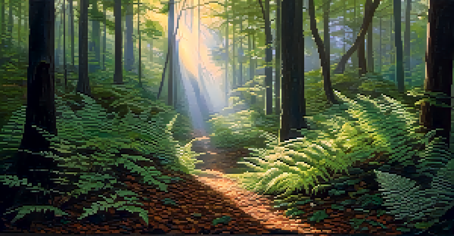 A misty forest in the morning, with sunlight filtering through trees and illuminating the lush greenery.