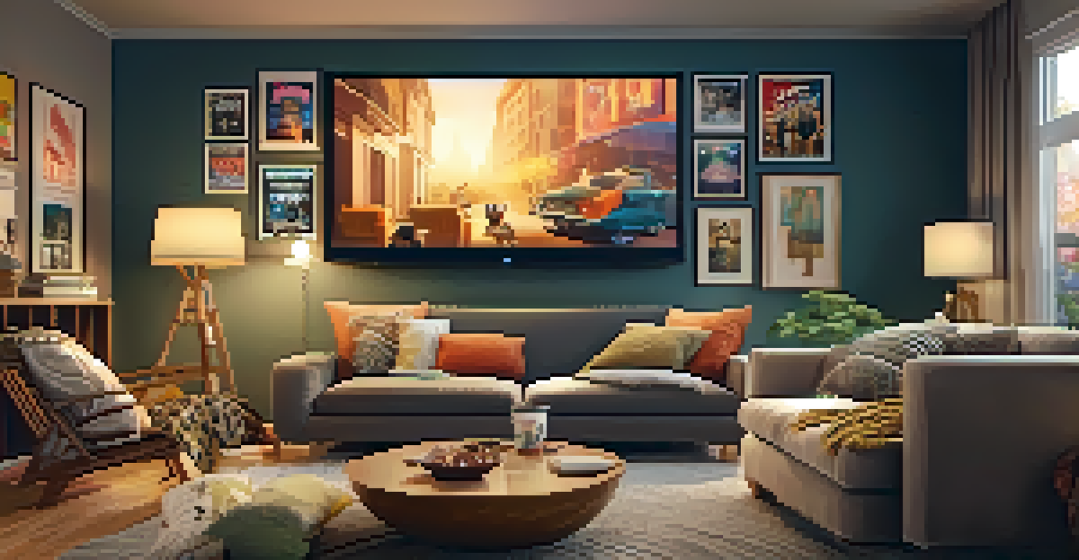 A family enjoying a movie night in a cozy living room, with movie posters and popcorn in a warm, inviting atmosphere.