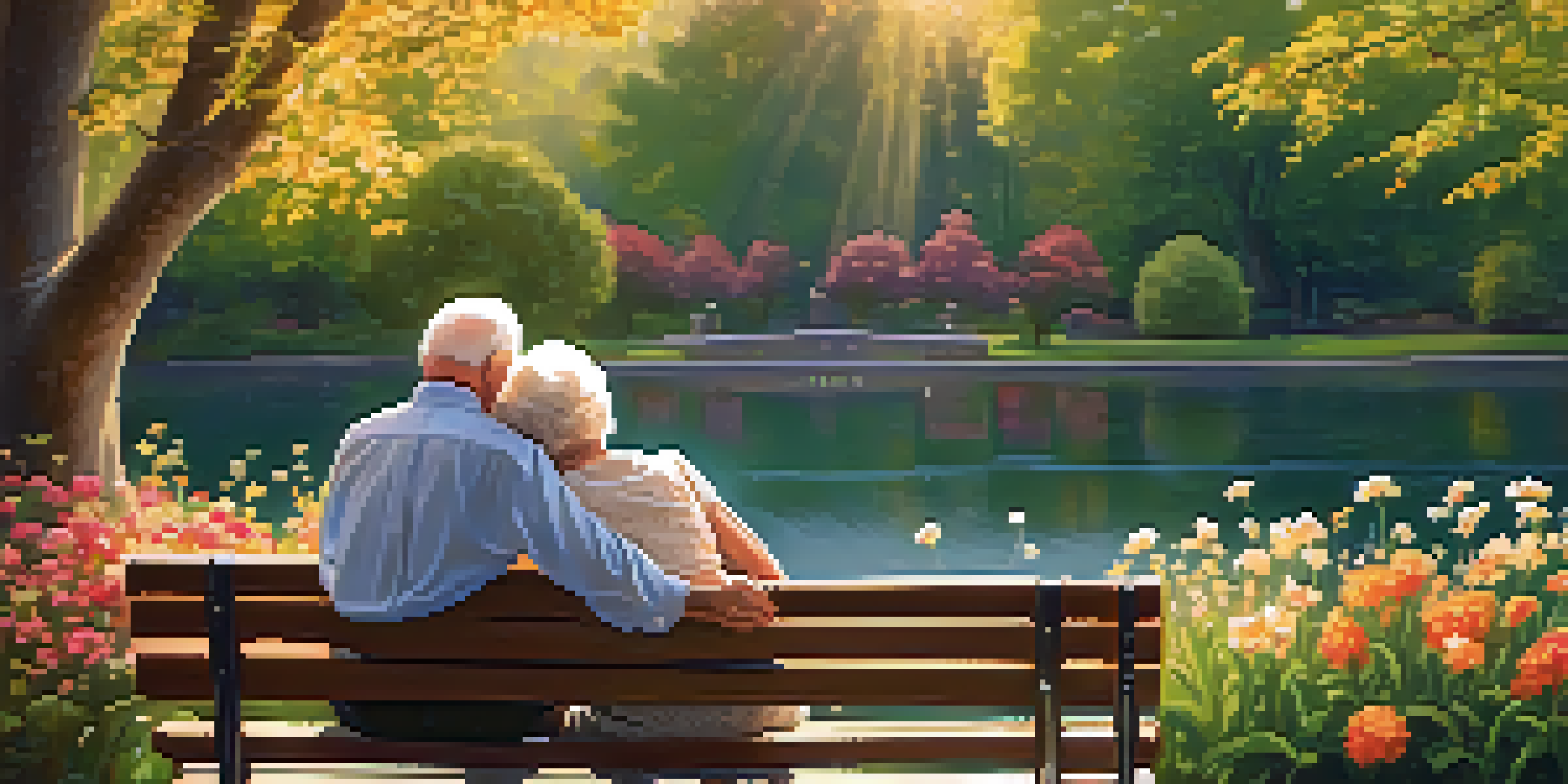 An elderly couple sitting on a park bench, laughing and holding hands, surrounded by nature.