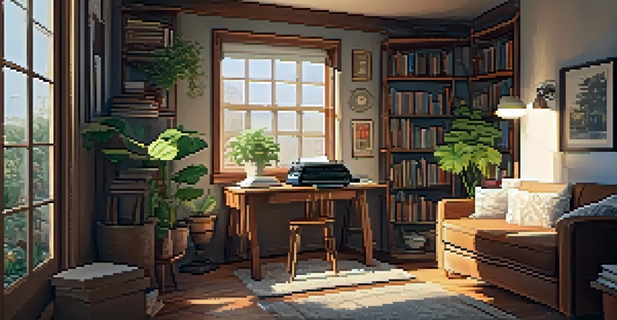 A cozy writing nook with a vintage typewriter, books, and a cup of coffee, illuminated by sunlight.