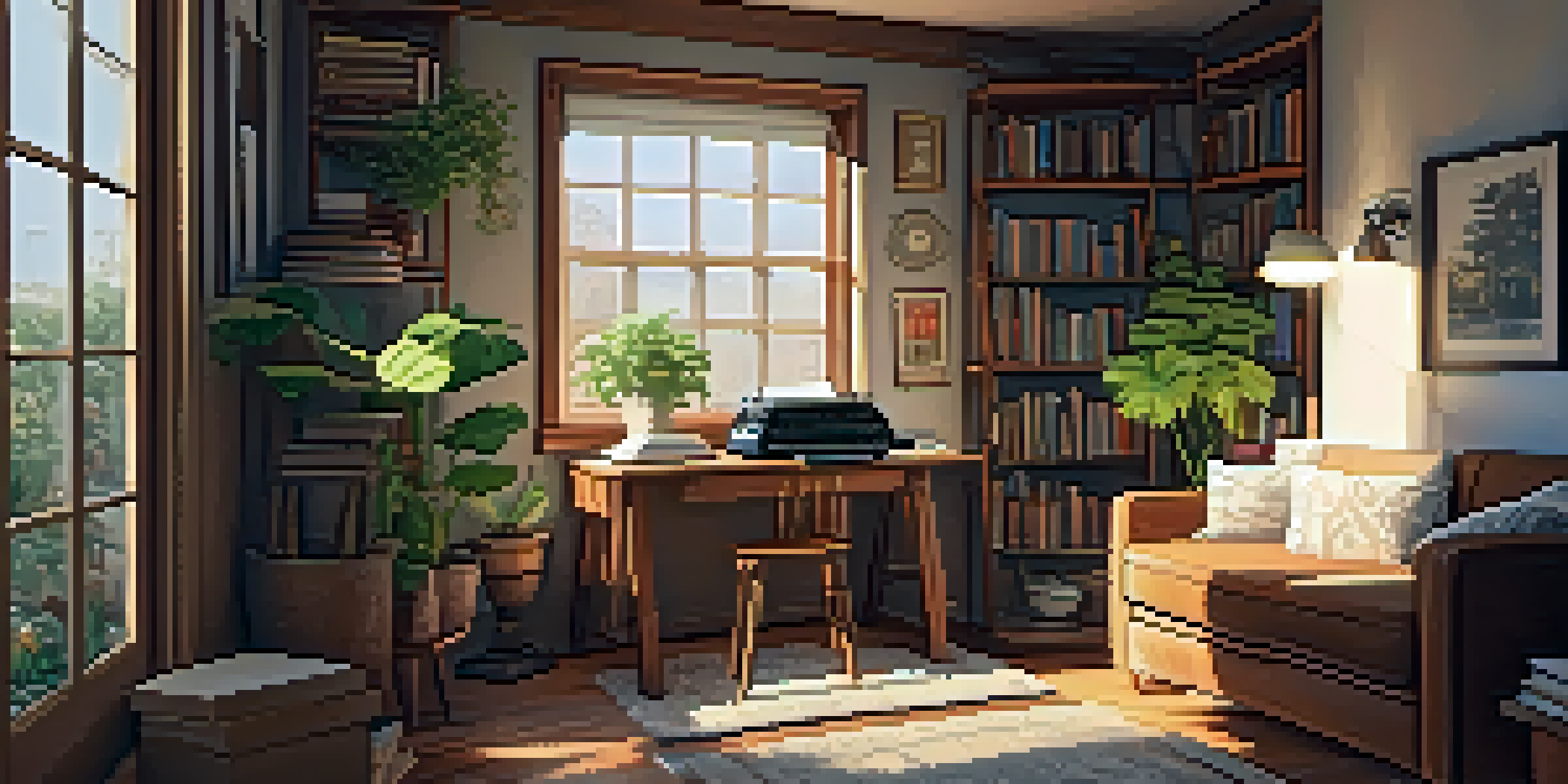 A cozy writing nook with a vintage typewriter, books, and a cup of coffee, illuminated by sunlight.