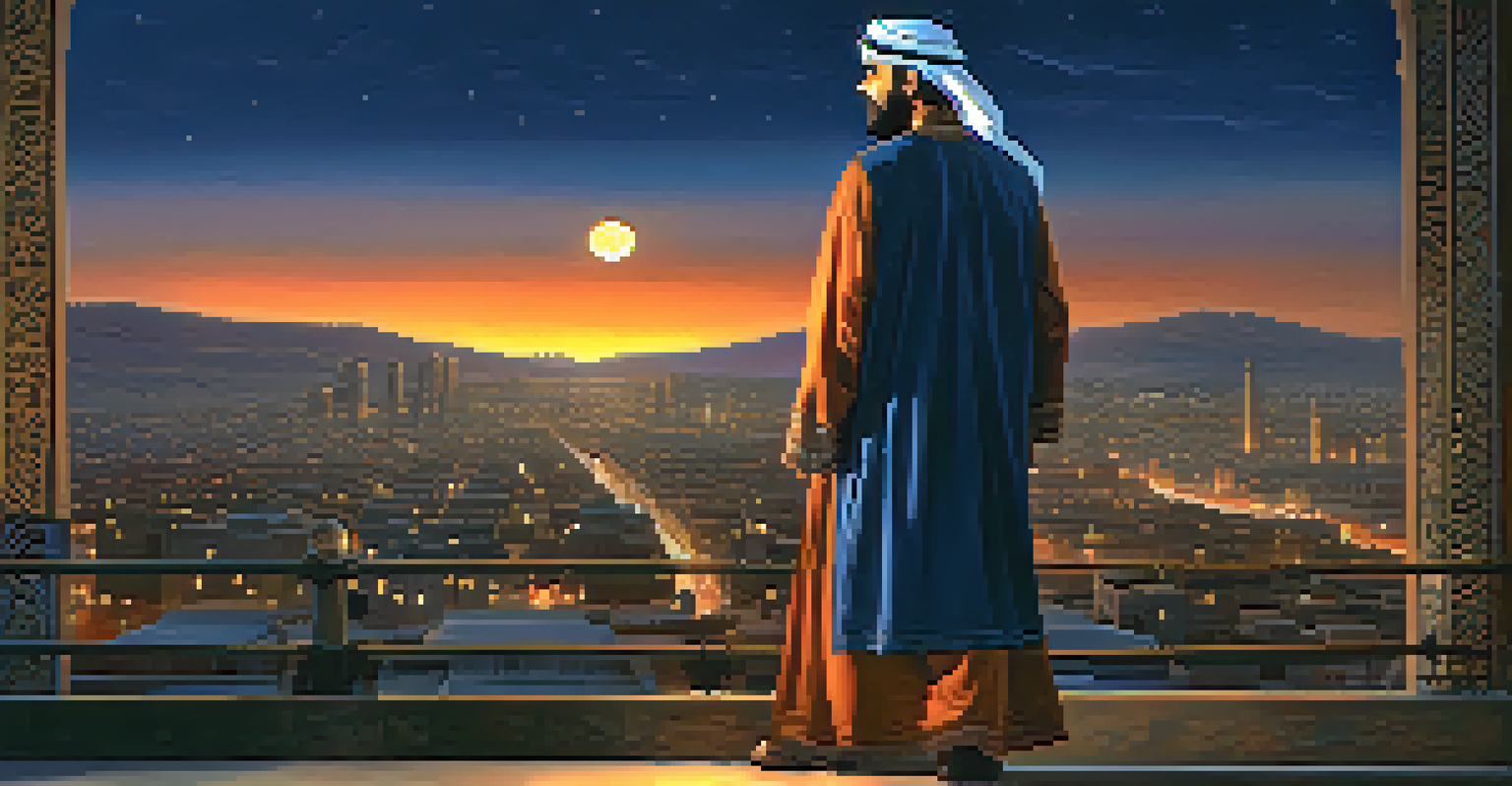 A Middle Eastern character depicted as a hero standing against a city skyline at dusk, wearing traditional attire and holding a symbolic object.