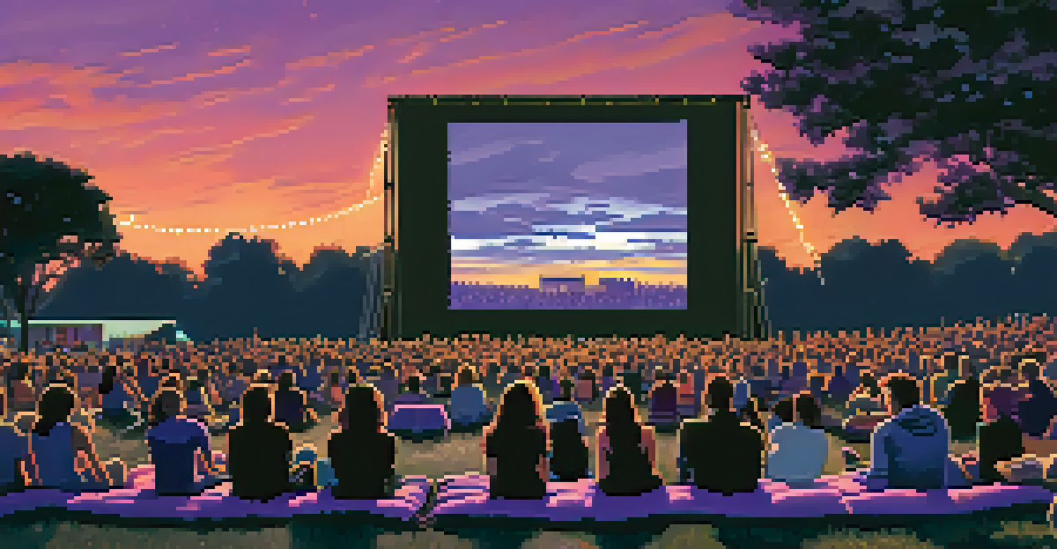 An outdoor film festival at dusk with a screen showing a movie, and people sitting on blankets.