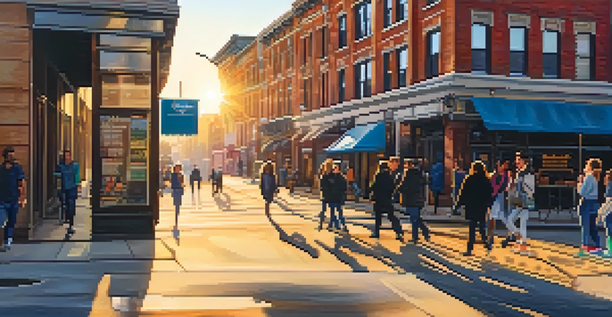 A lively urban street scene with colorful street art and pedestrians, illuminated by warm golden hour light.