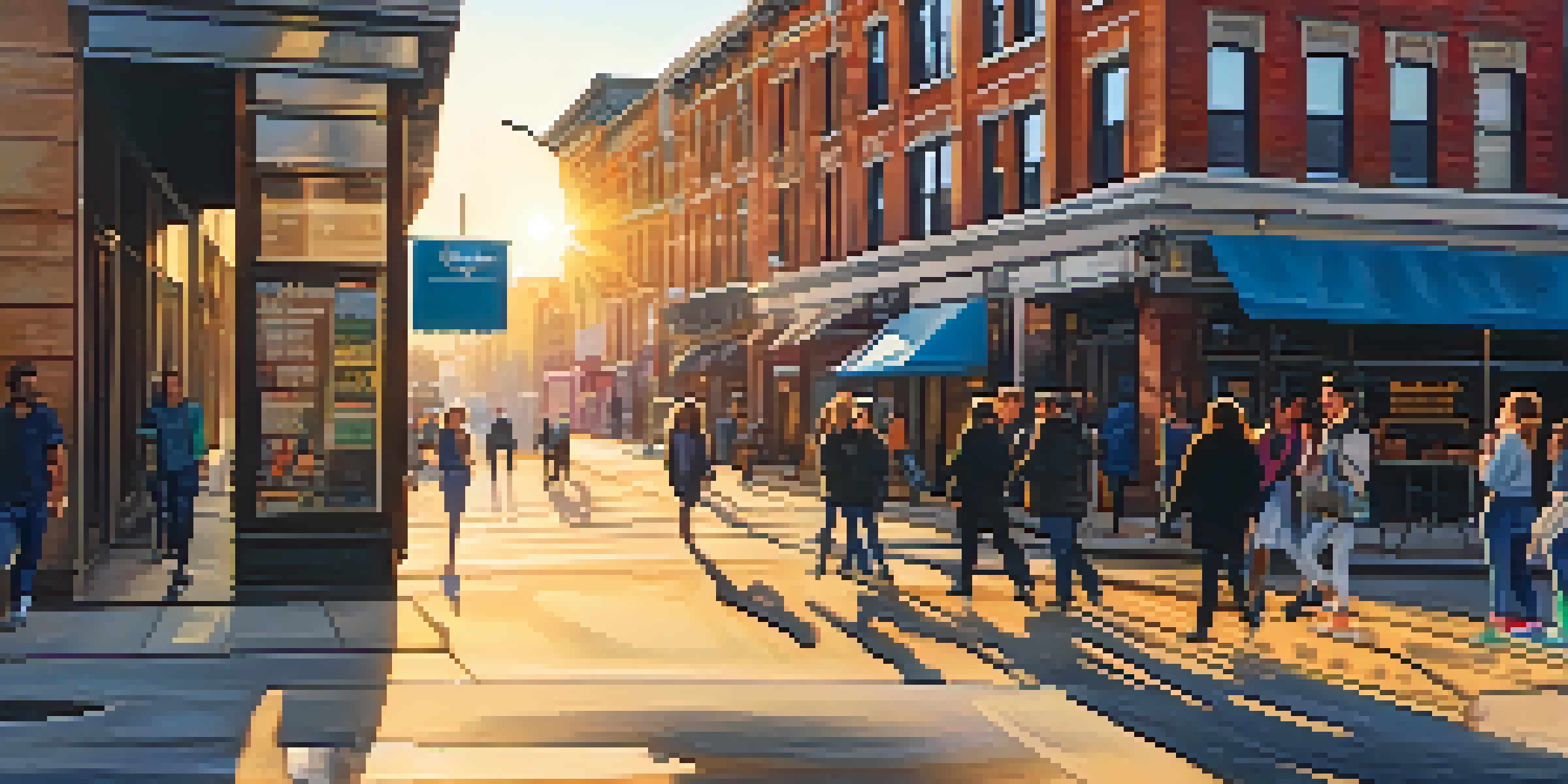 A lively urban street scene with colorful street art and pedestrians, illuminated by warm golden hour light.
