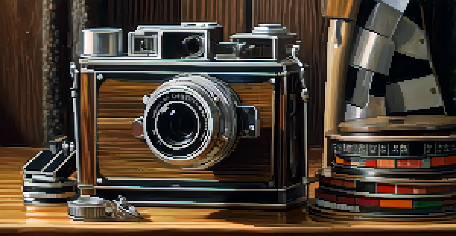 A close-up of a vintage film camera on a wooden table, surrounded by film reels and a director's clapboard, with warm natural light highlighting the textures.
