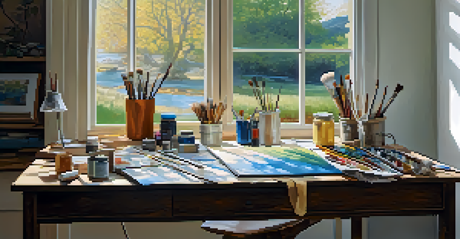 An artist's workspace with a colorful canvas, paint tubes, and brushes, illuminated by natural light.