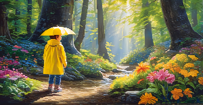 A child in a yellow raincoat exploring a colorful animated forest filled with flowers and animals under a sunny sky.