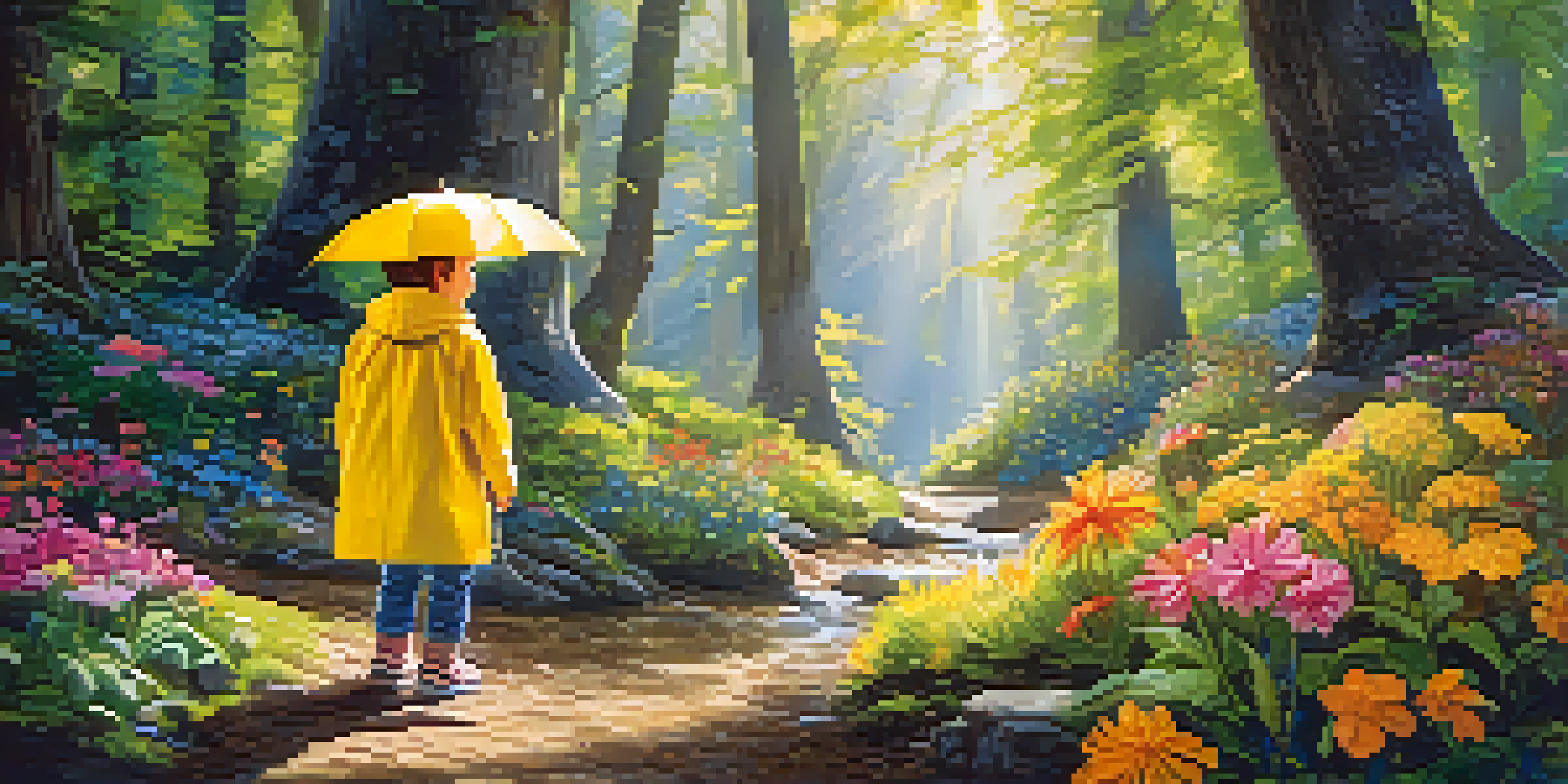 A child in a yellow raincoat exploring a colorful animated forest filled with flowers and animals under a sunny sky.