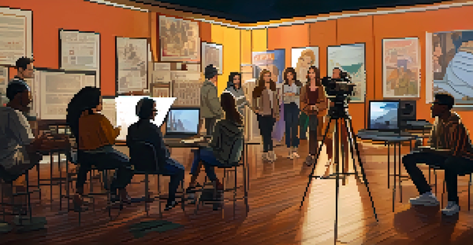 A diverse group of filmmakers, including a female director, collaborating on a project with film equipment and storyboards around them.