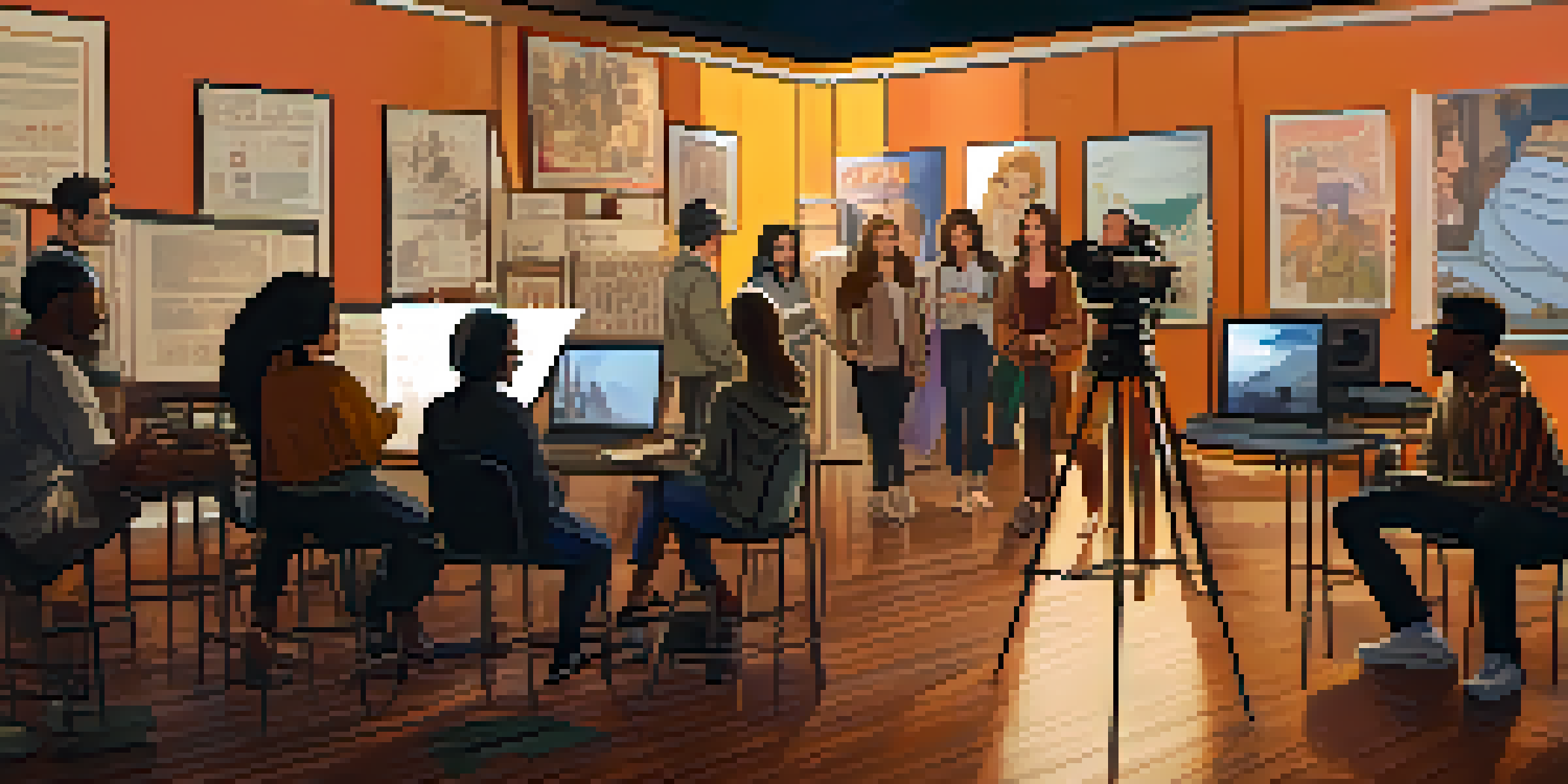 A diverse group of filmmakers, including a female director, collaborating on a project with film equipment and storyboards around them.