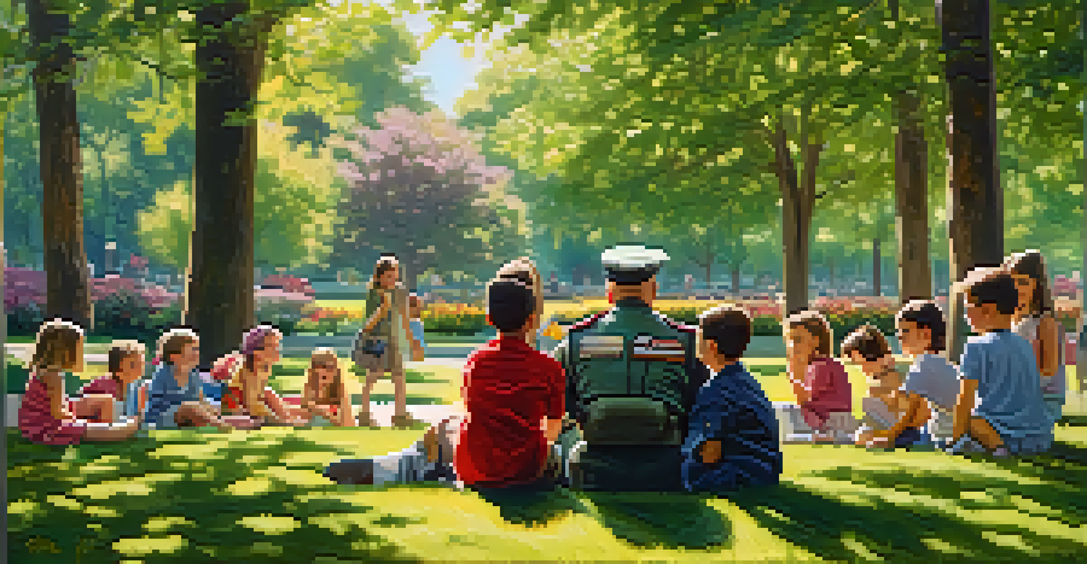 A veteran sharing stories with children in a park, showcasing the connection between generations and the impact of war.