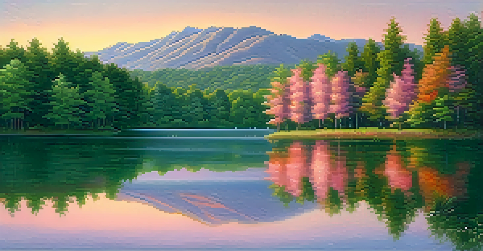 A peaceful lake at sunrise, surrounded by green trees with colorful reflections in the water.