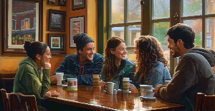 A warm and inviting coffee shop with friends chatting and coffee cups on a wooden table, while it rains outside.