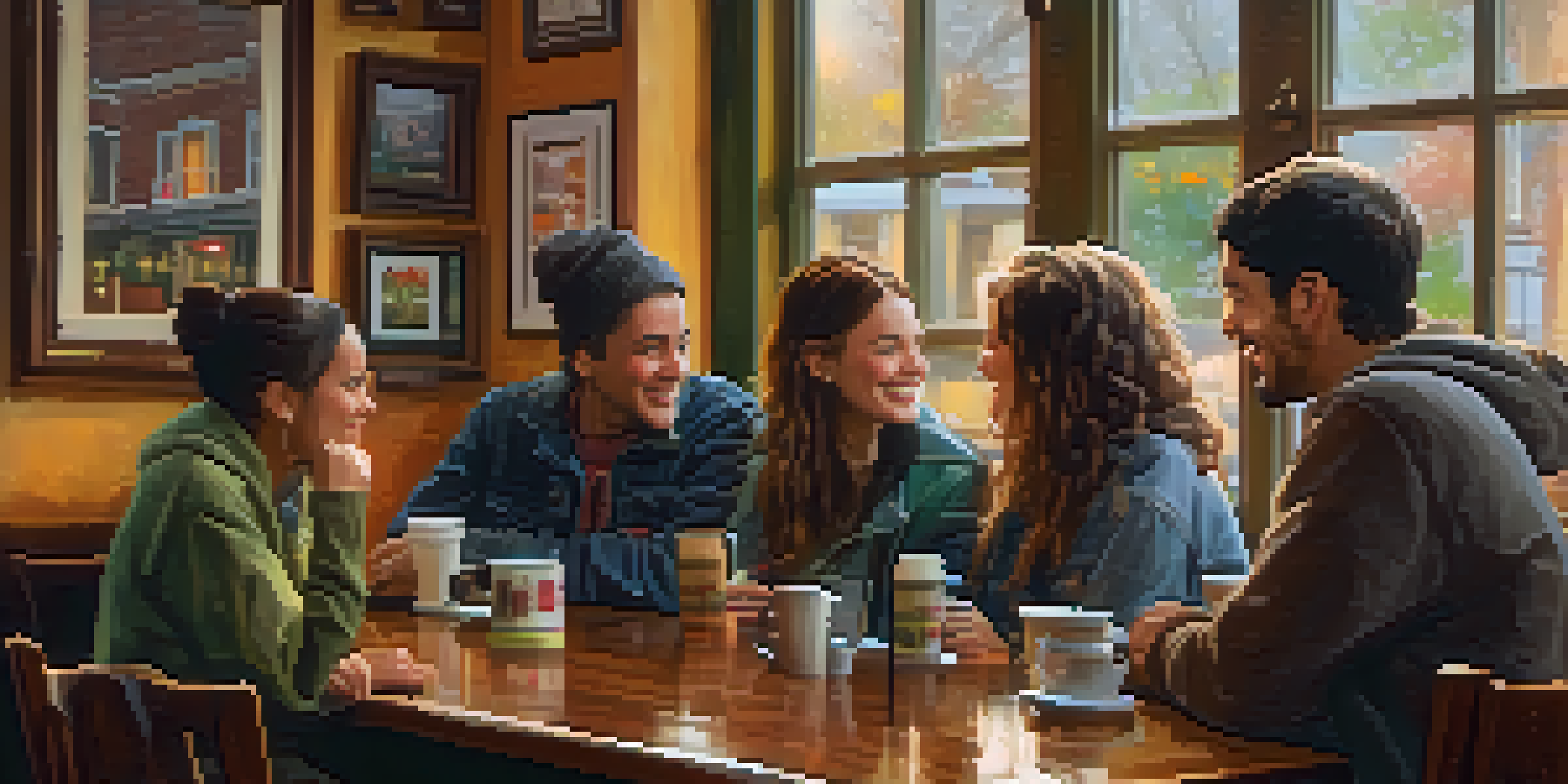 A warm and inviting coffee shop with friends chatting and coffee cups on a wooden table, while it rains outside.