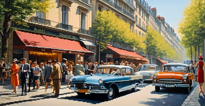 A vibrant 1960s Paris street scene with vintage cars and pedestrians in period clothing, under warm sunlight.