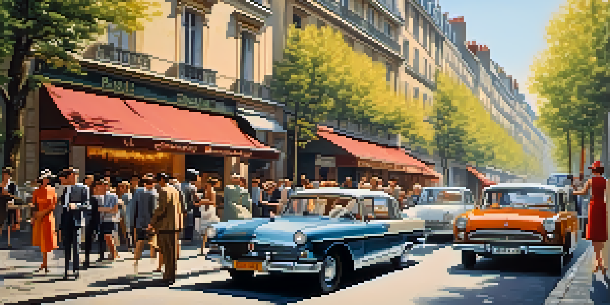 A vibrant 1960s Paris street scene with vintage cars and pedestrians in period clothing, under warm sunlight.