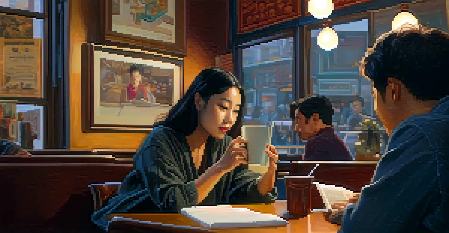 An independent filmmaker reviewing a script in a cozy coffee shop with cultural art around her.