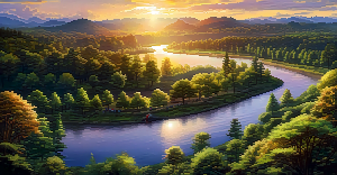 A colorful sunset over a forest with a river, featuring a group of people planting trees in the foreground.