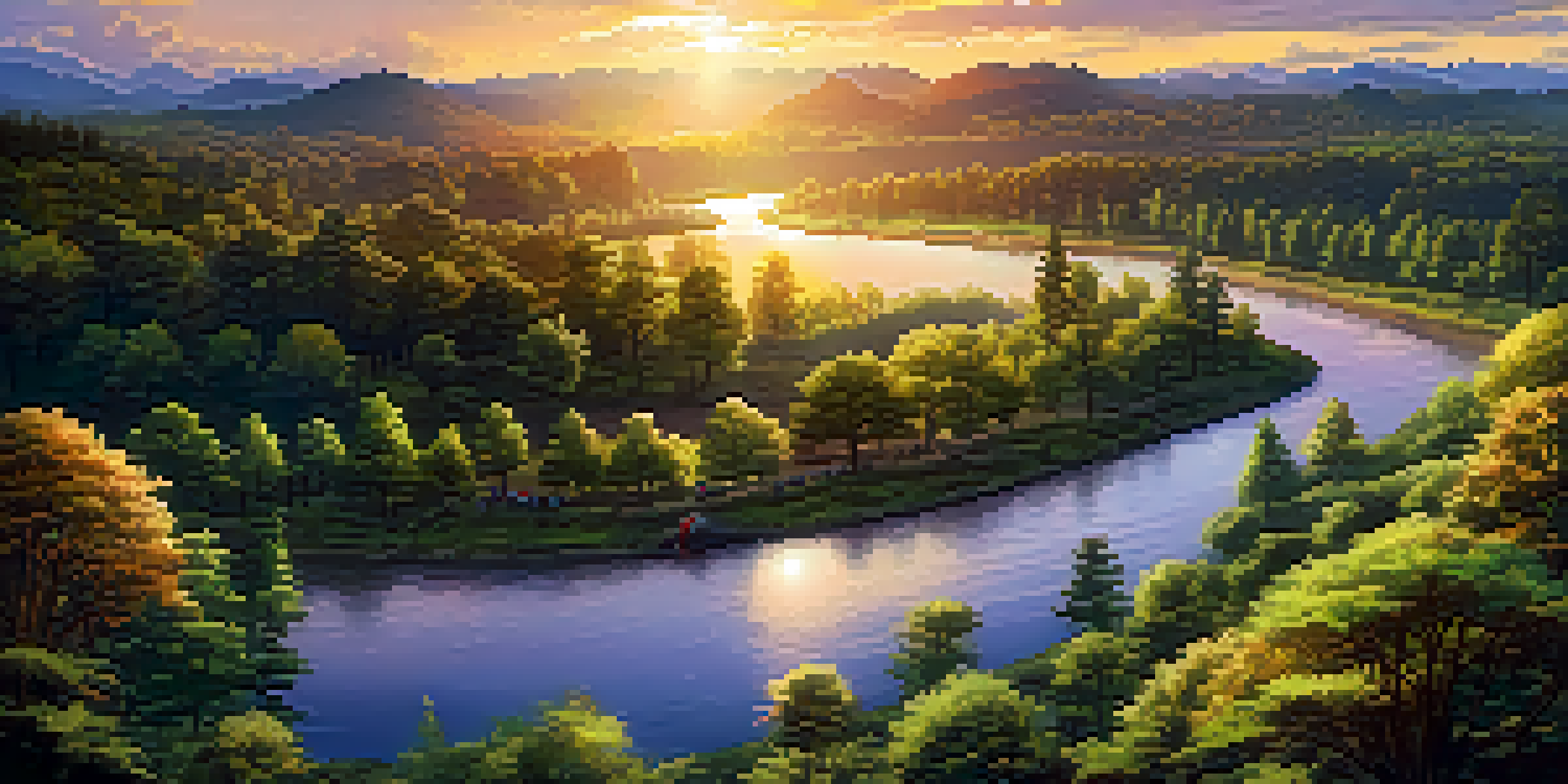 A colorful sunset over a forest with a river, featuring a group of people planting trees in the foreground.