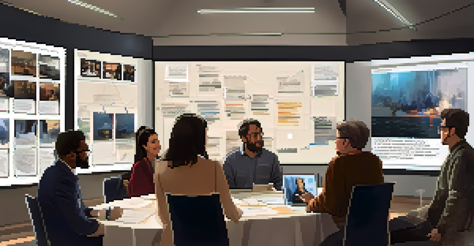 A diverse group of filmmakers collaborating over a storyboard in a bright, creative meeting room.